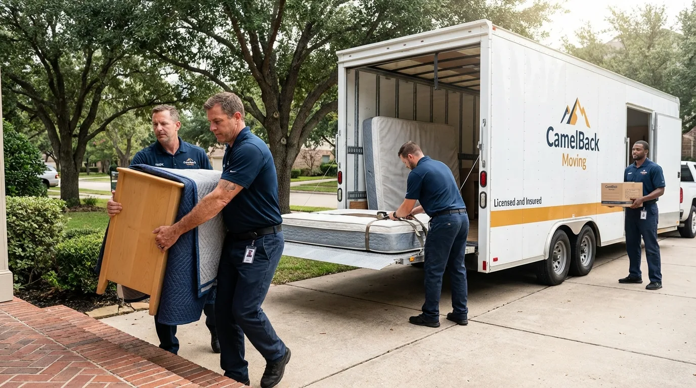 Crew loading residential truck for cross-state move from Bridgeport, CA