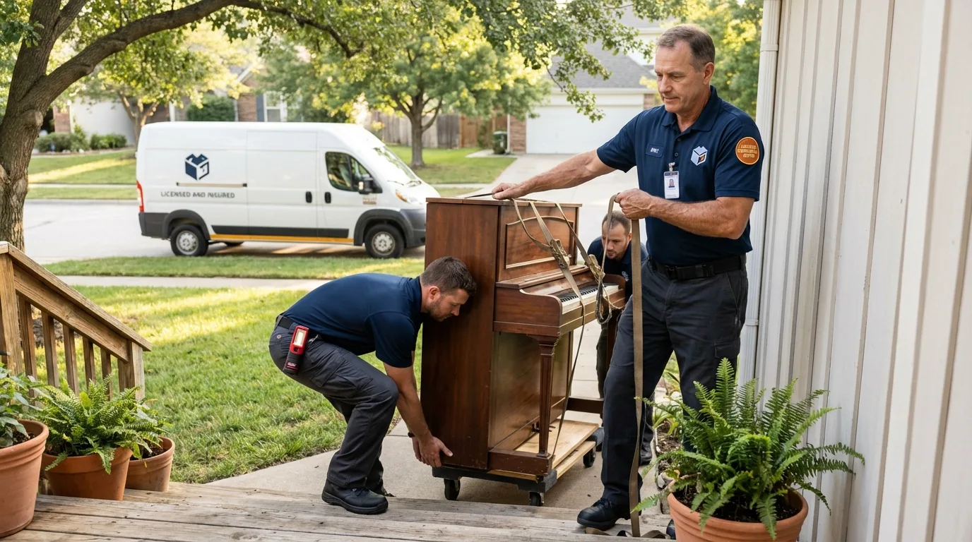 Licensed piano movers securing grand piano in Bridgeport, CA