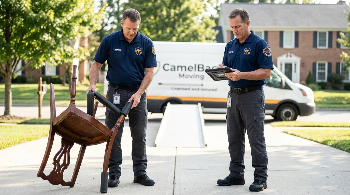 Movers inspecting furniture for damage prevention before loading in Bridgeport, CA
