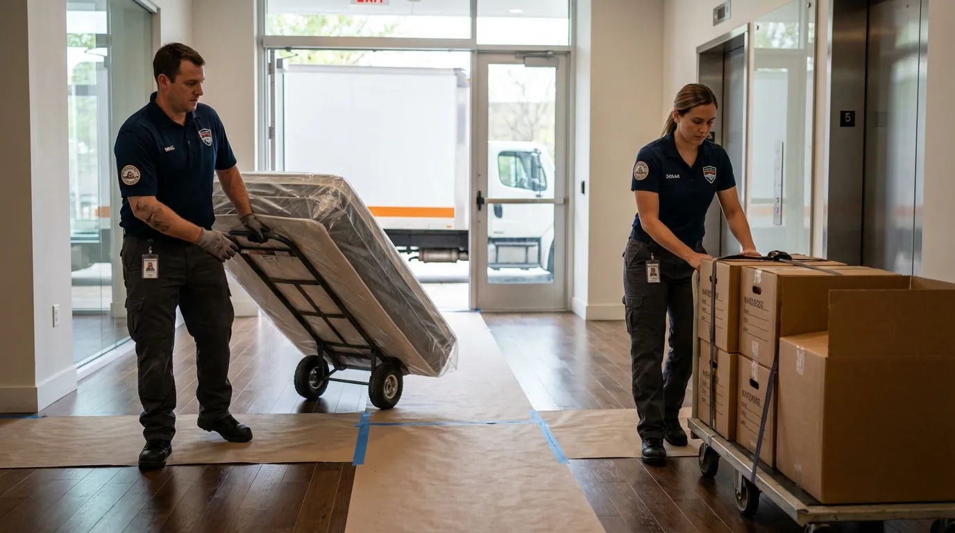 Professional apartment movers loading elevator in Bridgeport, CA